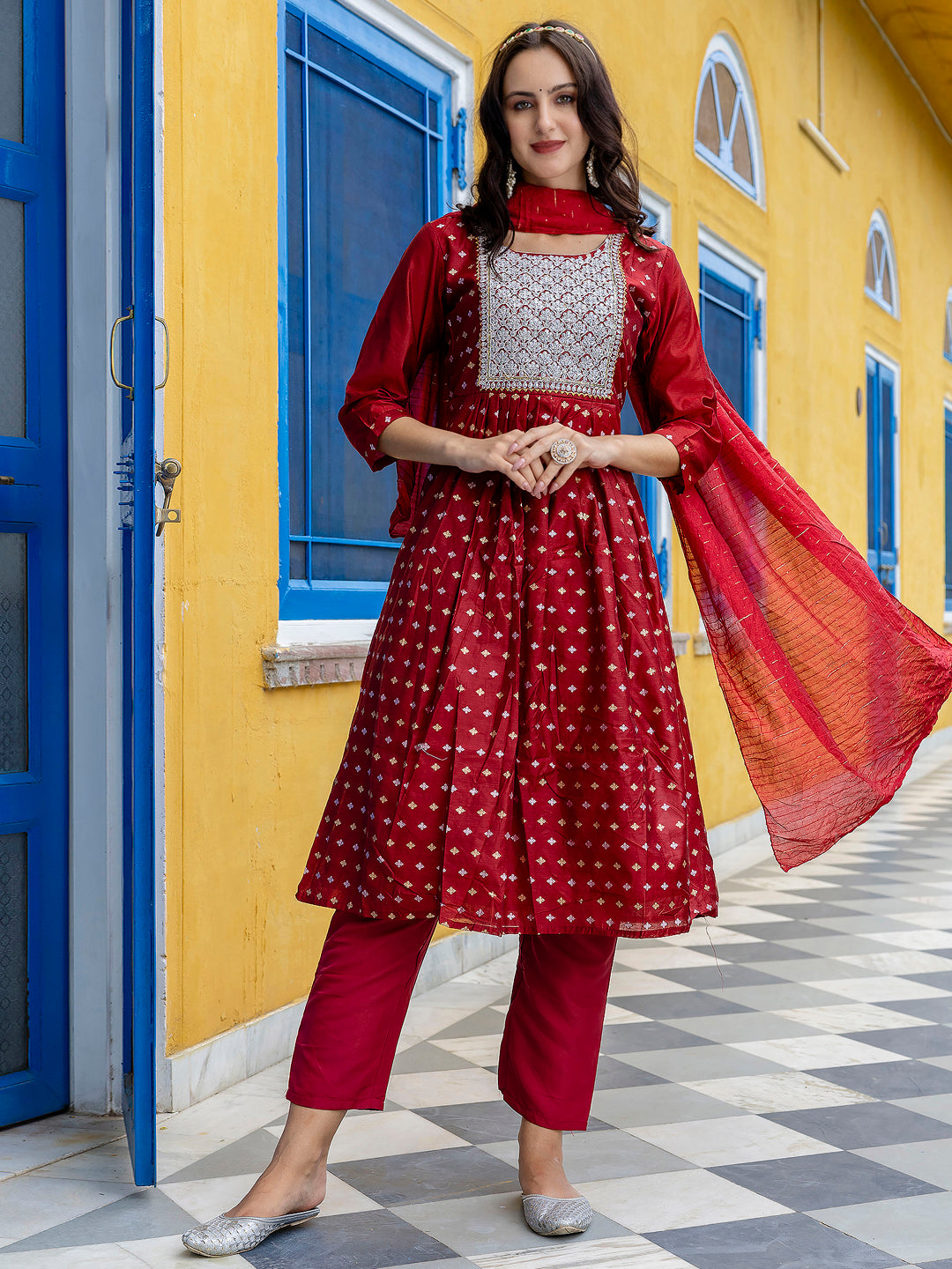 Kaveri Embroidered Chanderi Mehndi Suit Set with Dupatta Ethnic Sets - FitVibe Fashion