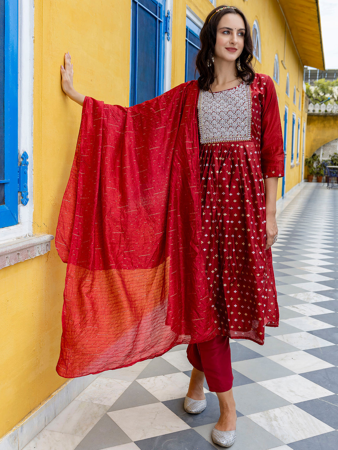 Kaveri Embroidered Chanderi Mehndi Suit Set with Dupatta Ethnic Sets - FitVibe Fashion