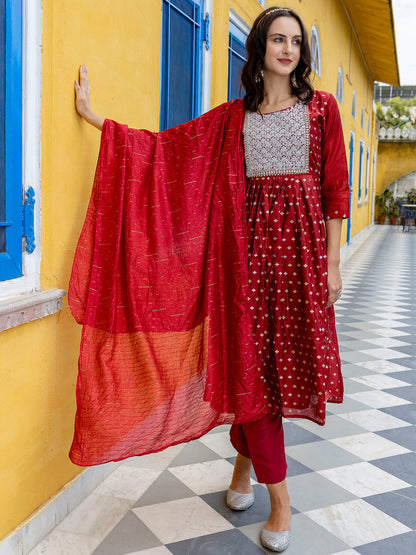 Kaveri Embroidered Chanderi Mehndi Suit Set with Dupatta Ethnic Sets - FitVibe Fashion