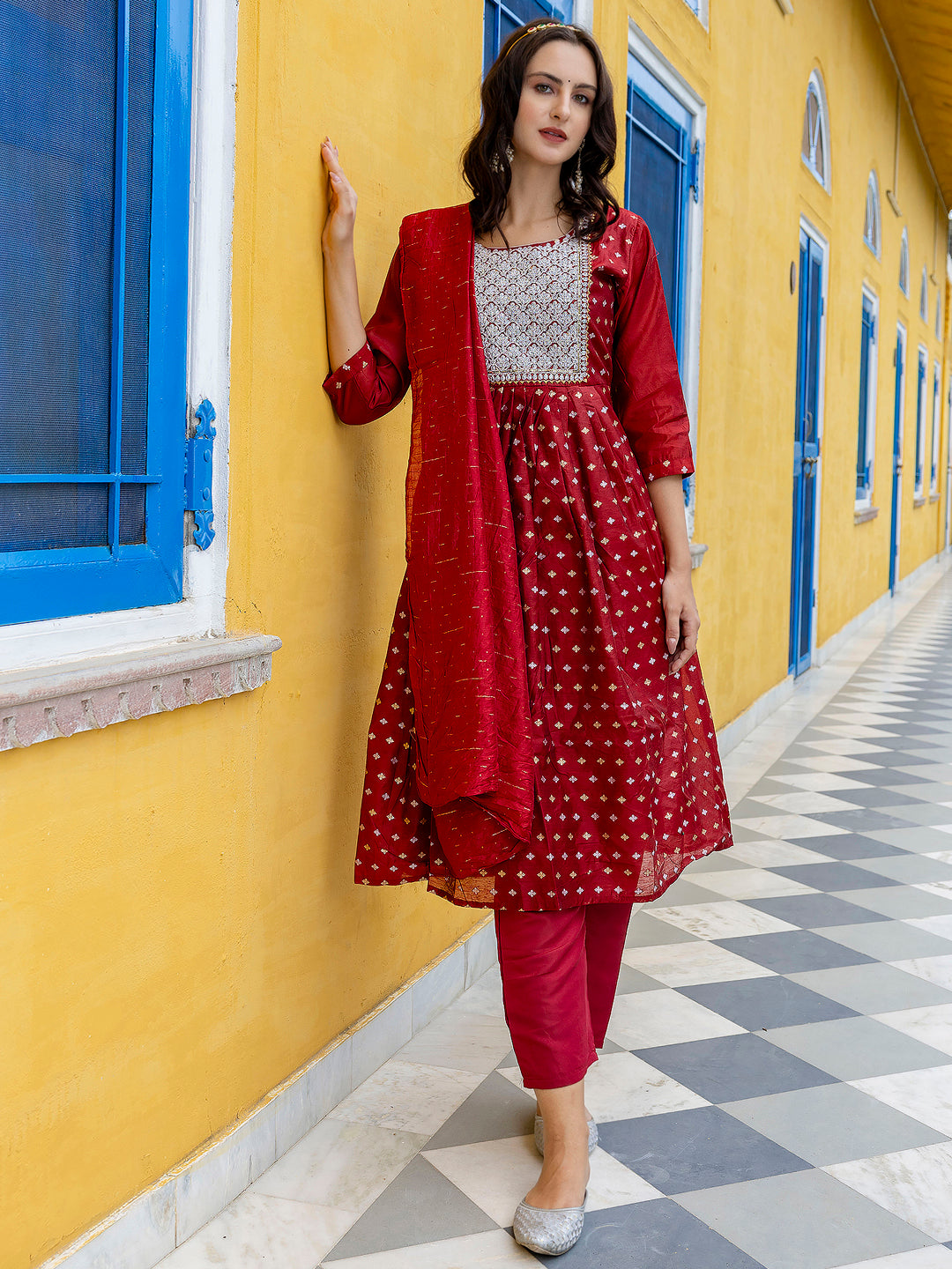 Kaveri Embroidered Chanderi Mehndi Suit Set with Dupatta Ethnic Sets - FitVibe Fashion