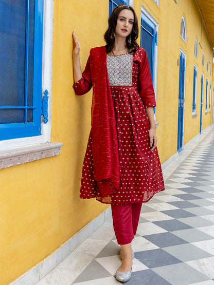 Kaveri Embroidered Chanderi Mehndi Suit Set with Dupatta Ethnic Sets - FitVibe Fashion