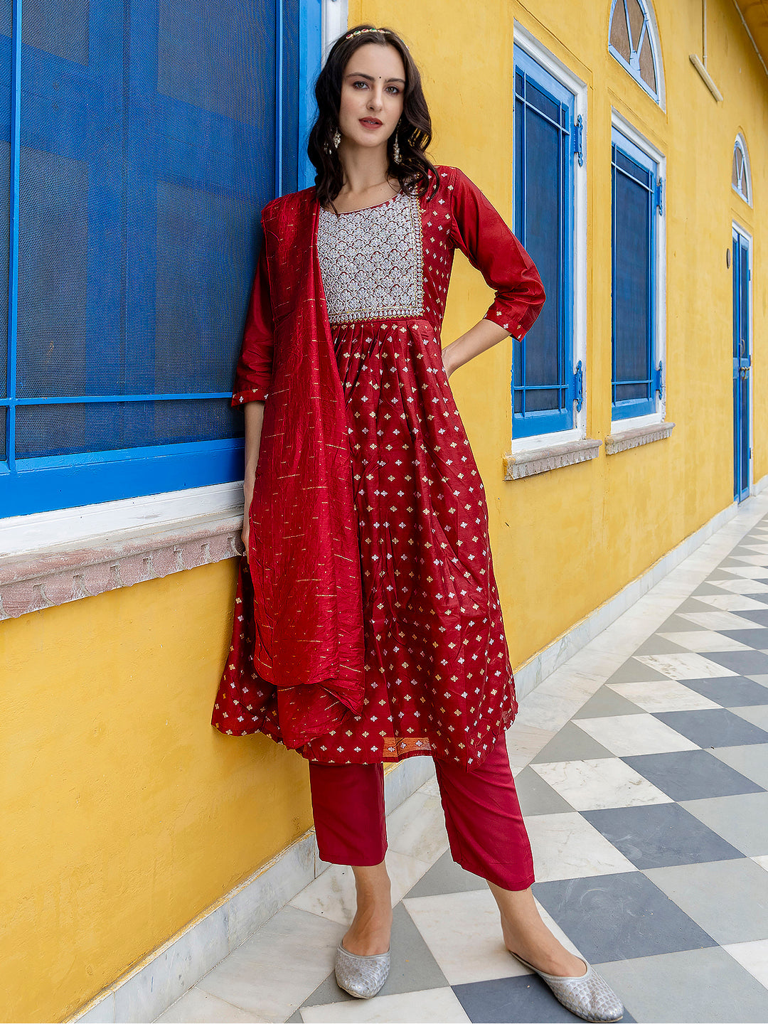 Kaveri Embroidered Chanderi Mehndi Suit Set with Dupatta Ethnic Sets - FitVibe Fashion