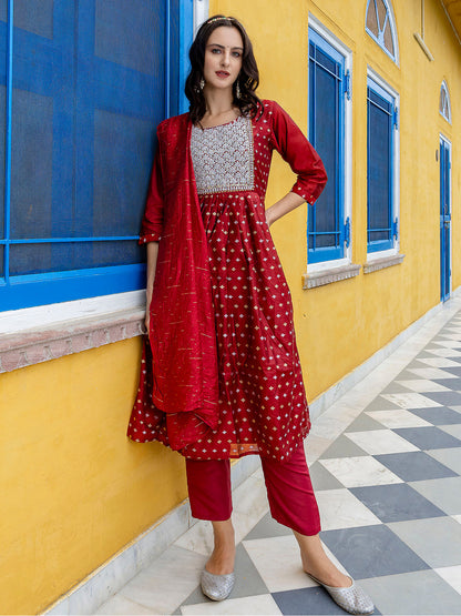 Kaveri Embroidered Chanderi Mehndi Suit Set with Dupatta Ethnic Sets - FitVibe Fashion