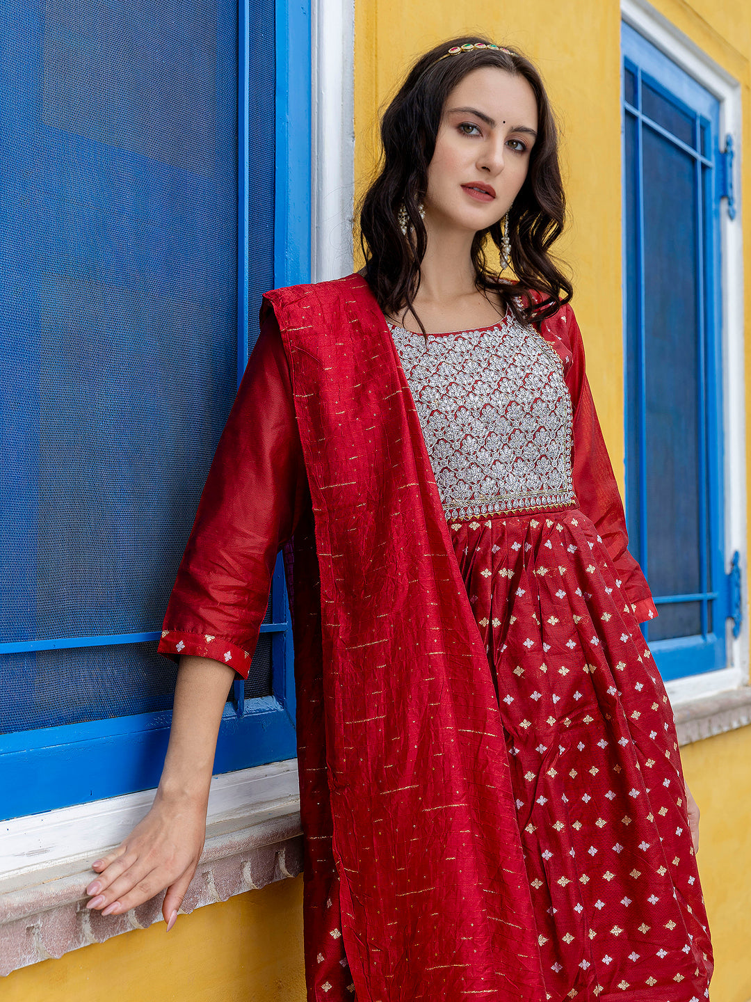 Kaveri Embroidered Chanderi Mehndi Suit Set with Dupatta Ethnic Sets - FitVibe Fashion