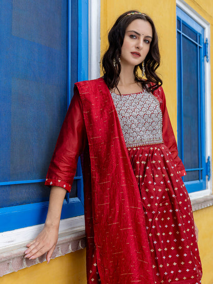 Kaveri Embroidered Chanderi Mehndi Suit Set with Dupatta Ethnic Sets - FitVibe Fashion