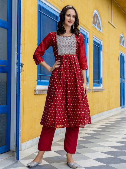 Kaveri Embroidered Chanderi Mehndi Suit Set with Dupatta Ethnic Sets - FitVibe Fashion