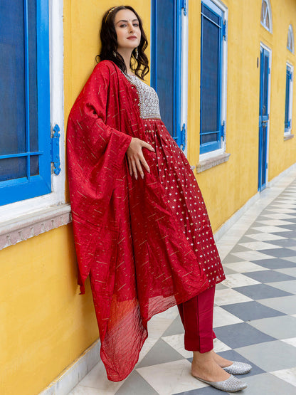 Kaveri Embroidered Chanderi Mehndi Suit Set with Dupatta Ethnic Sets - FitVibe Fashion