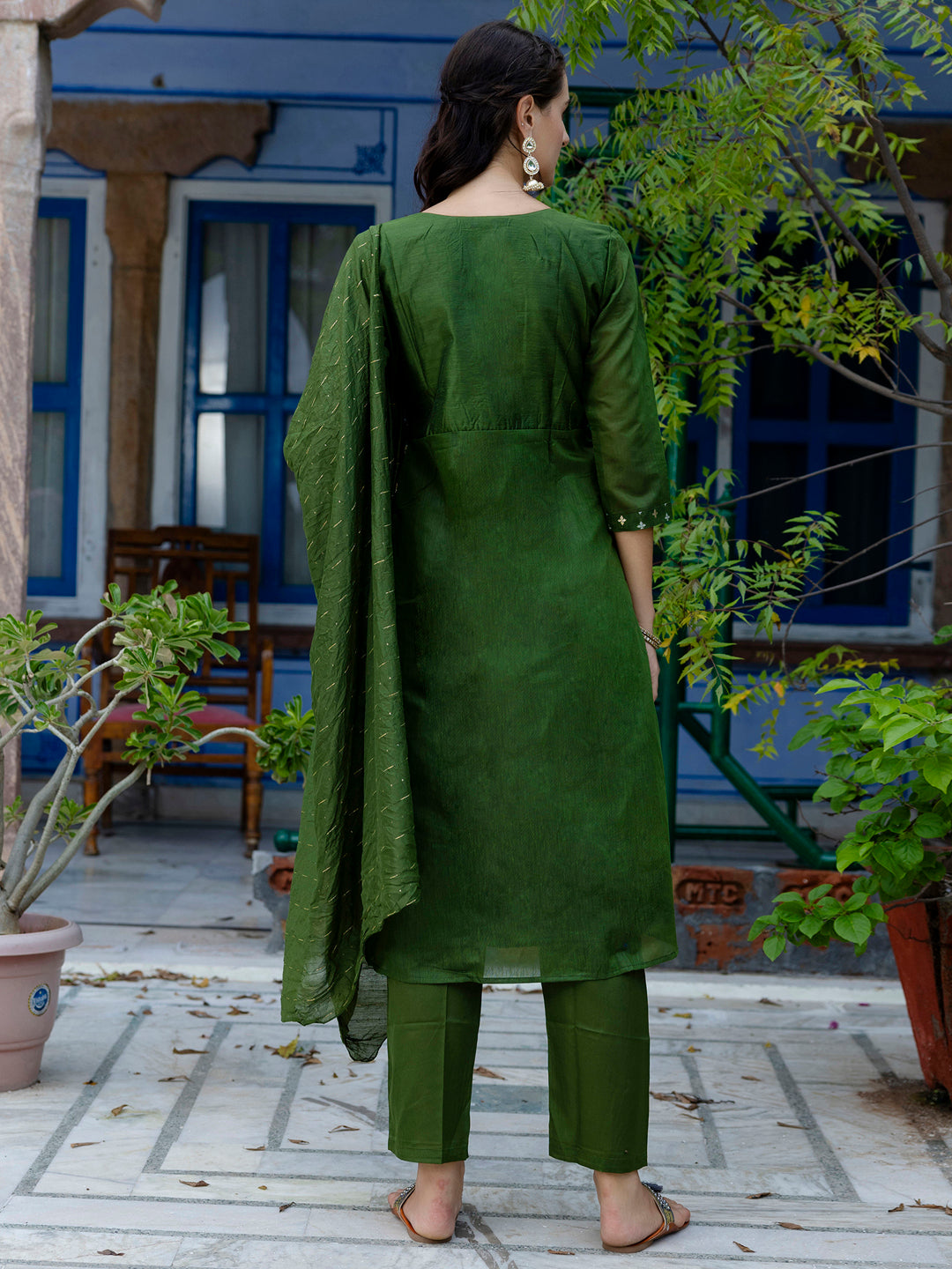 Kaveri Embroidered Chanderi Mehndi Suit Set with Dupatta Ethnic Sets - FitVibe Fashion