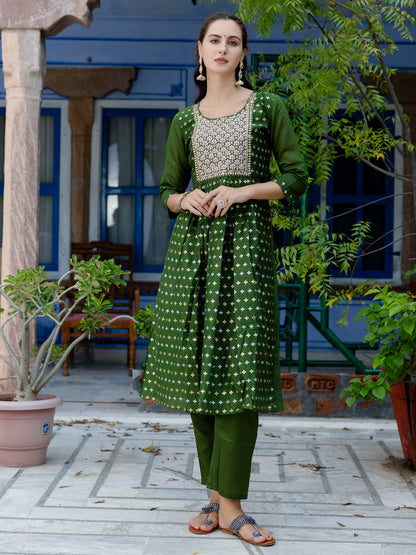 Kaveri Embroidered Chanderi Mehndi Suit Set with Dupatta Ethnic Sets - FitVibe Fashion