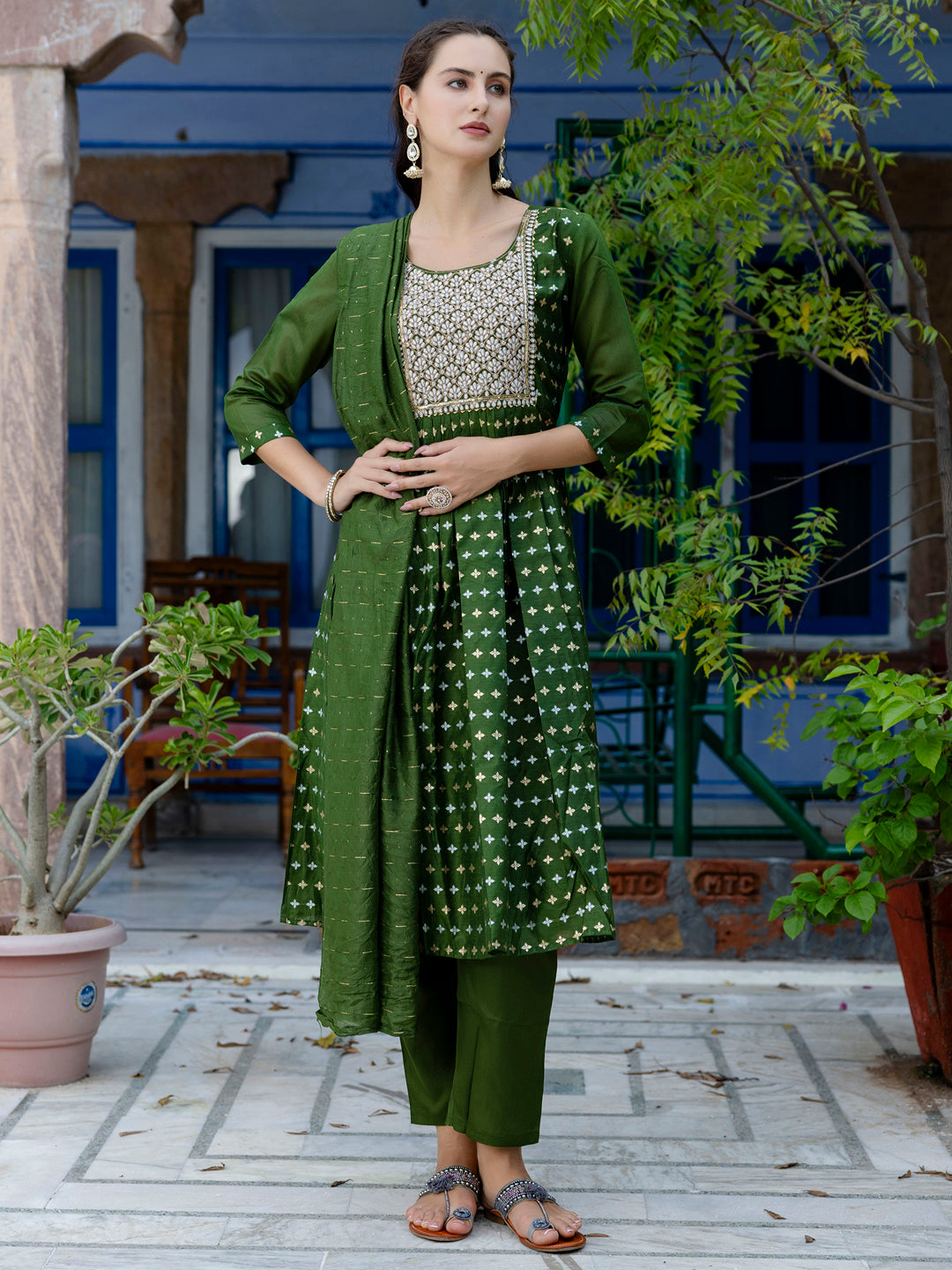 Kaveri Embroidered Chanderi Mehndi Suit Set with Dupatta Ethnic Sets - FitVibe Fashion