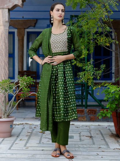 Kaveri Embroidered Chanderi Mehndi Suit Set with Dupatta Ethnic Sets - FitVibe Fashion