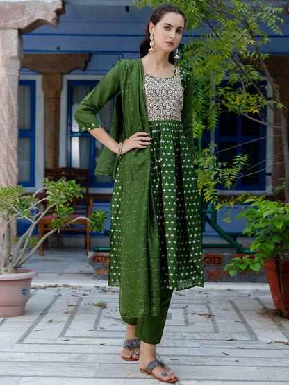 Kaveri Embroidered Chanderi Mehndi Suit Set with Dupatta Ethnic Sets - FitVibe Fashion