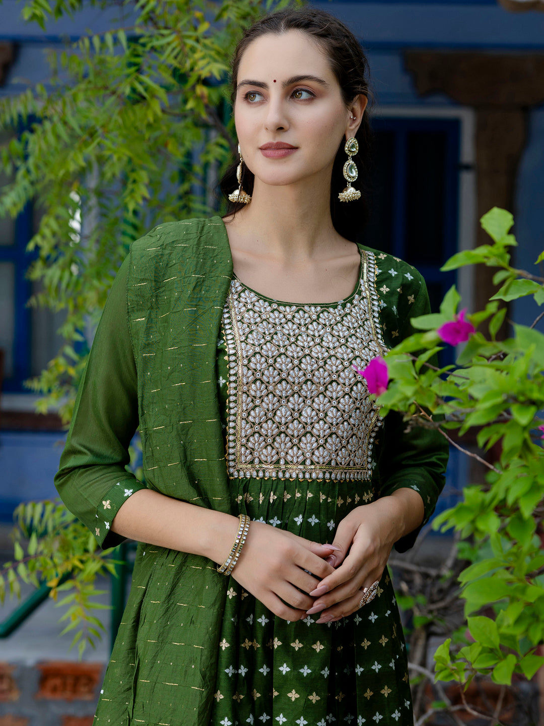 Kaveri Embroidered Chanderi Mehndi Suit Set with Dupatta Ethnic Sets - FitVibe Fashion