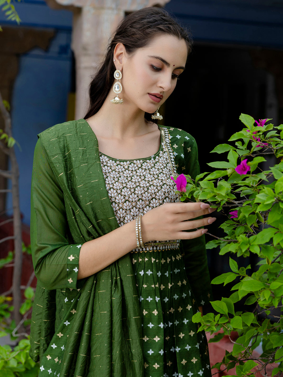 Kaveri Embroidered Chanderi Mehndi Suit Set with Dupatta Ethnic Sets - FitVibe Fashion