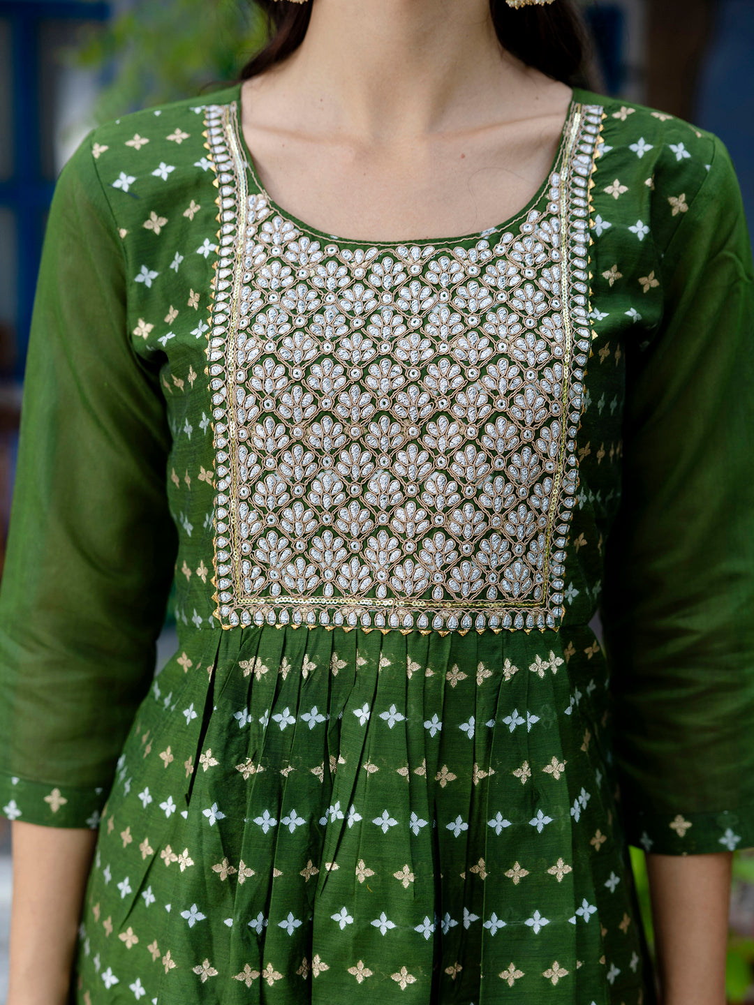 Kaveri Embroidered Chanderi Mehndi Suit Set with Dupatta Ethnic Sets - FitVibe Fashion