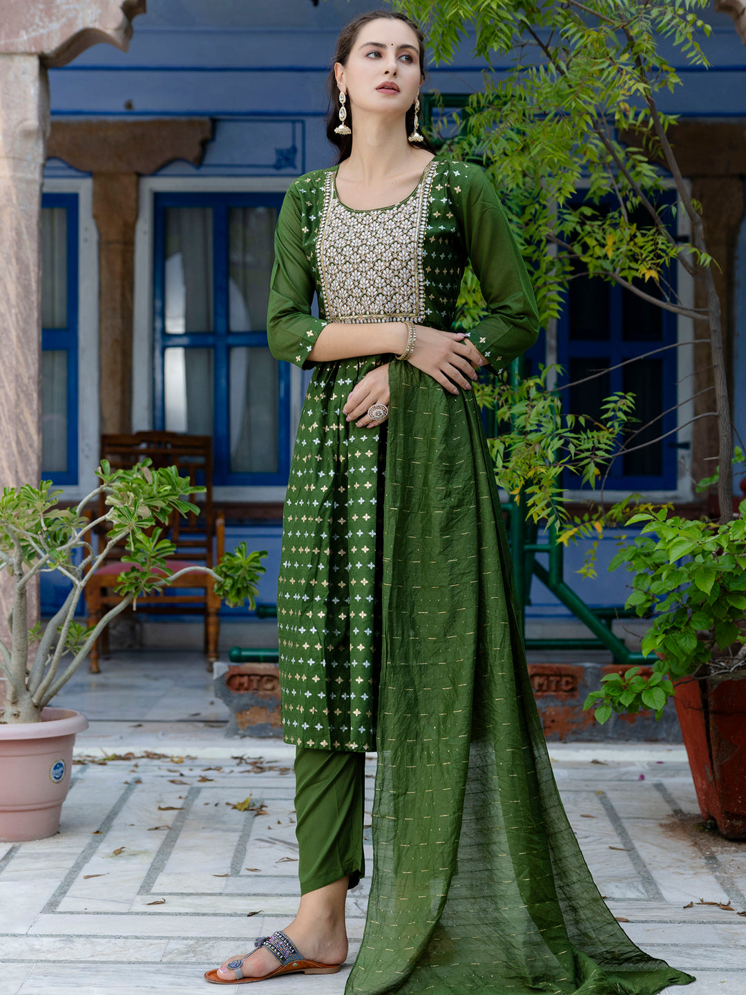 Kaveri Embroidered Chanderi Mehndi Suit Set with Dupatta Ethnic Sets - FitVibe Fashion