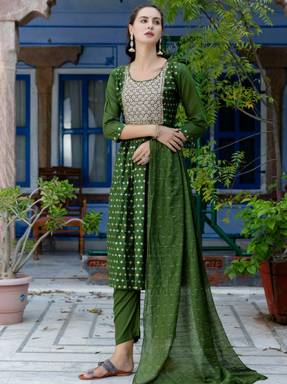 Kaveri Embroidered Chanderi Mehndi Suit Set with Dupatta Ethnic Sets - FitVibe Fashion