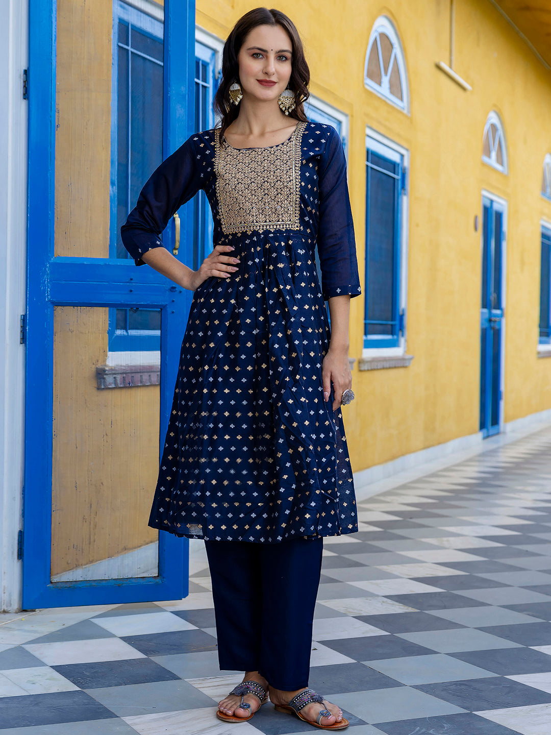 Kaveri Embroidered Chanderi Mehndi Suit Set with Dupatta Ethnic Sets - FitVibe Fashion