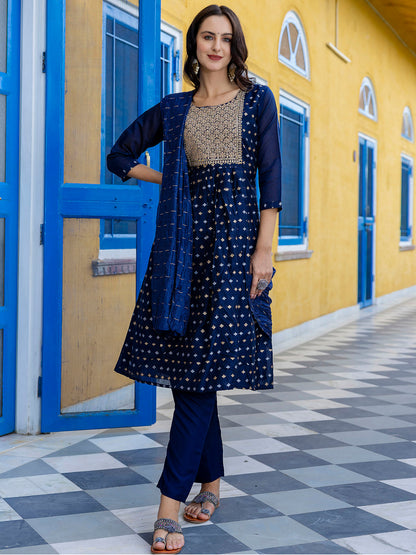 Kaveri Embroidered Chanderi Mehndi Suit Set with Dupatta Ethnic Sets - FitVibe Fashion