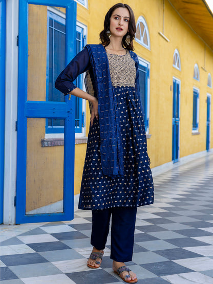 Kaveri Embroidered Chanderi Mehndi Suit Set with Dupatta Ethnic Sets - FitVibe Fashion