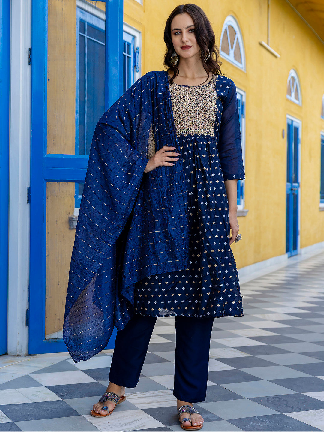 Kaveri Embroidered Chanderi Mehndi Suit Set with Dupatta Ethnic Sets - FitVibe Fashion