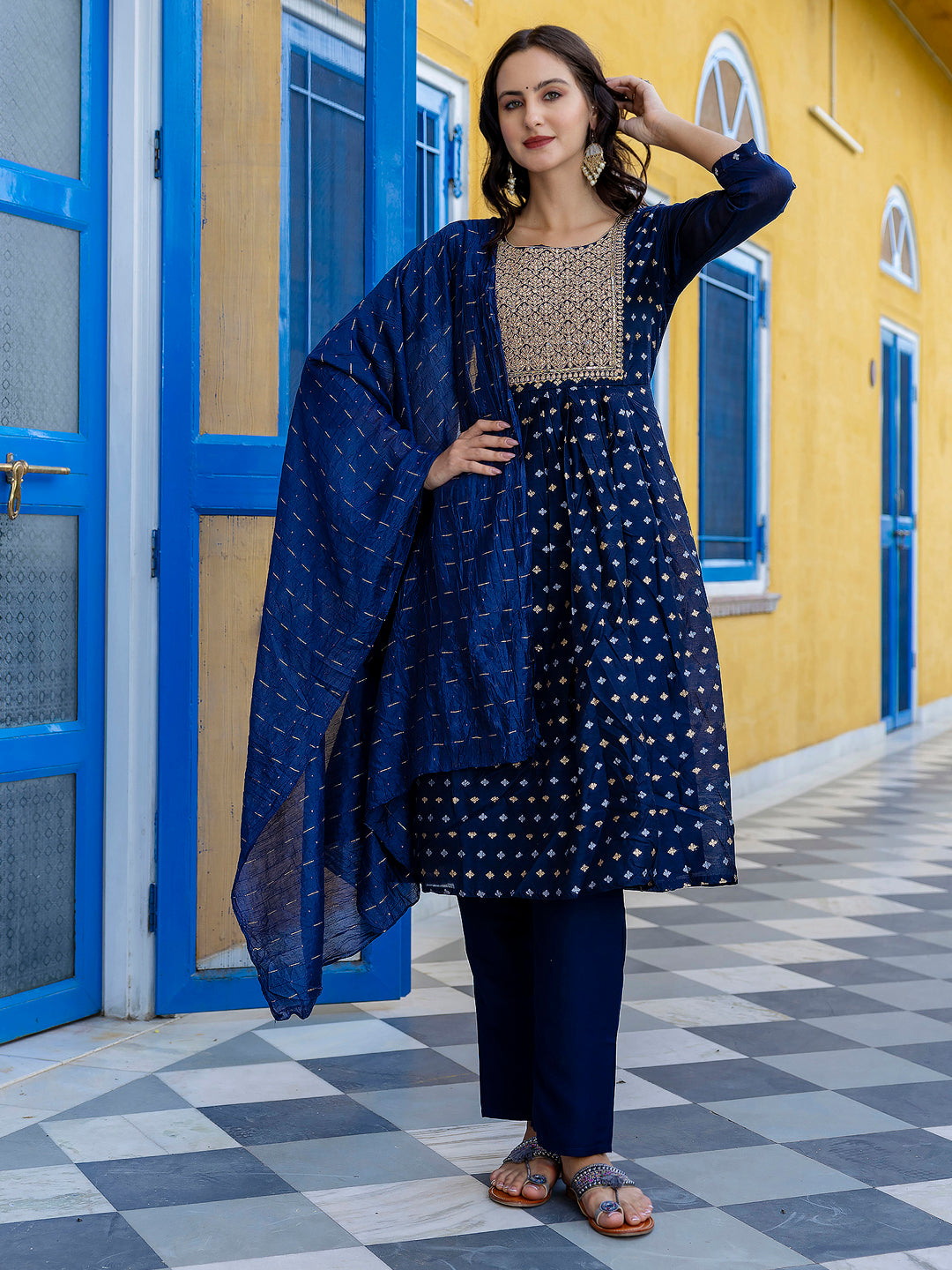 Kaveri Embroidered Chanderi Mehndi Suit Set with Dupatta Ethnic Sets - FitVibe Fashion