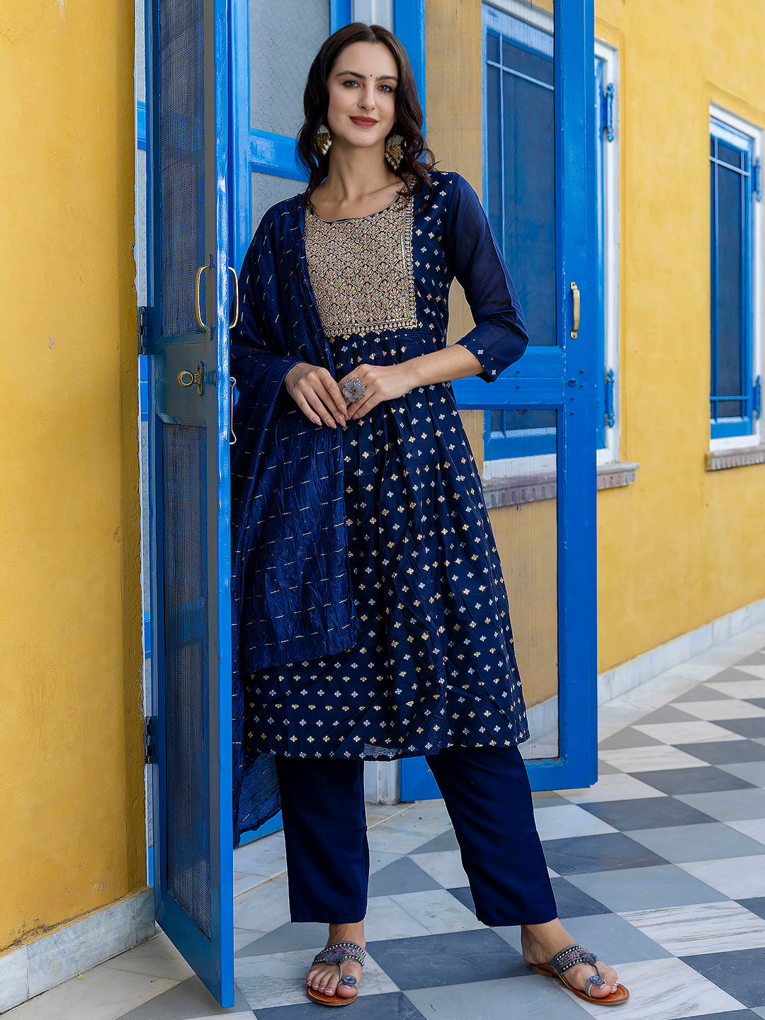 Kaveri Embroidered Chanderi Mehndi Suit Set with Dupatta Ethnic Sets - FitVibe Fashion