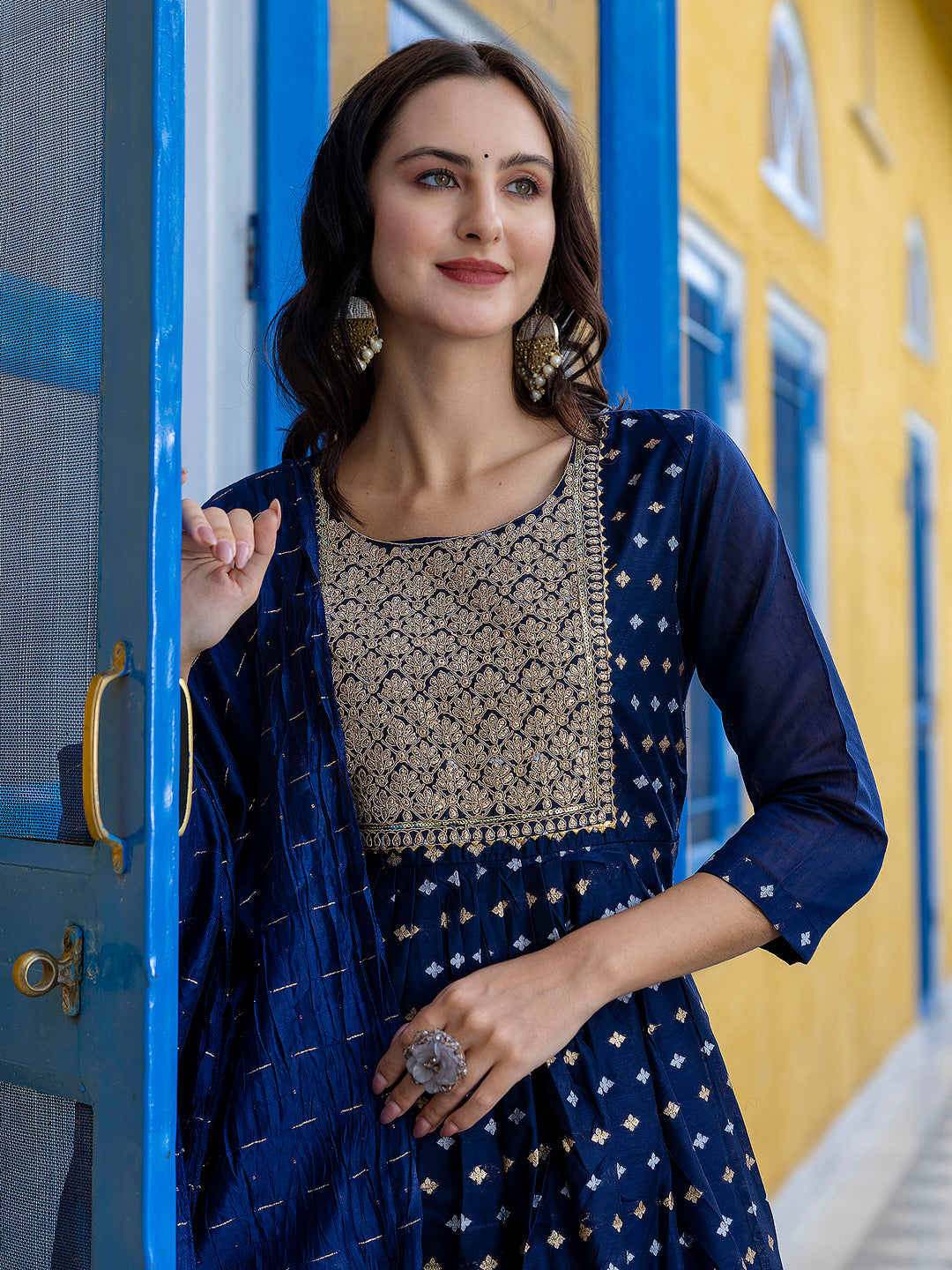 Kaveri Embroidered Chanderi Mehndi Suit Set with Dupatta Ethnic Sets - FitVibe Fashion