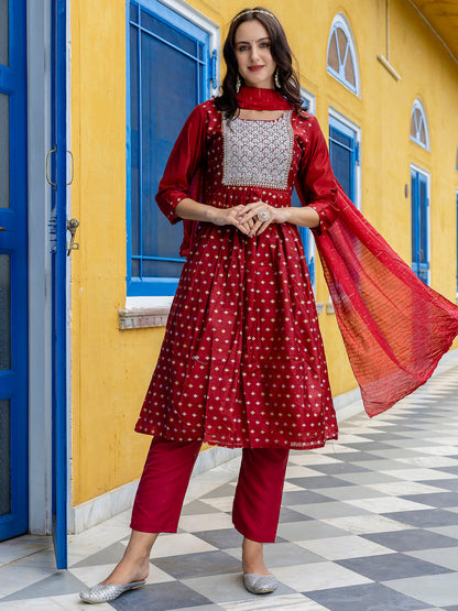 Kaveri Embroidered Chanderi Mehndi Suit Set with Dupatta Ethnic Sets - FitVibe Fashion