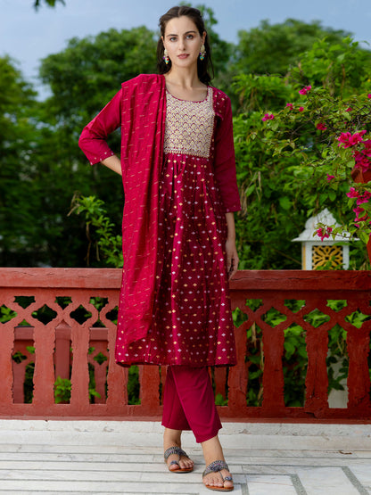 Kaveri Embroidered Chanderi Mehndi Suit Set with Dupatta Ethnic Sets - FitVibe Fashion