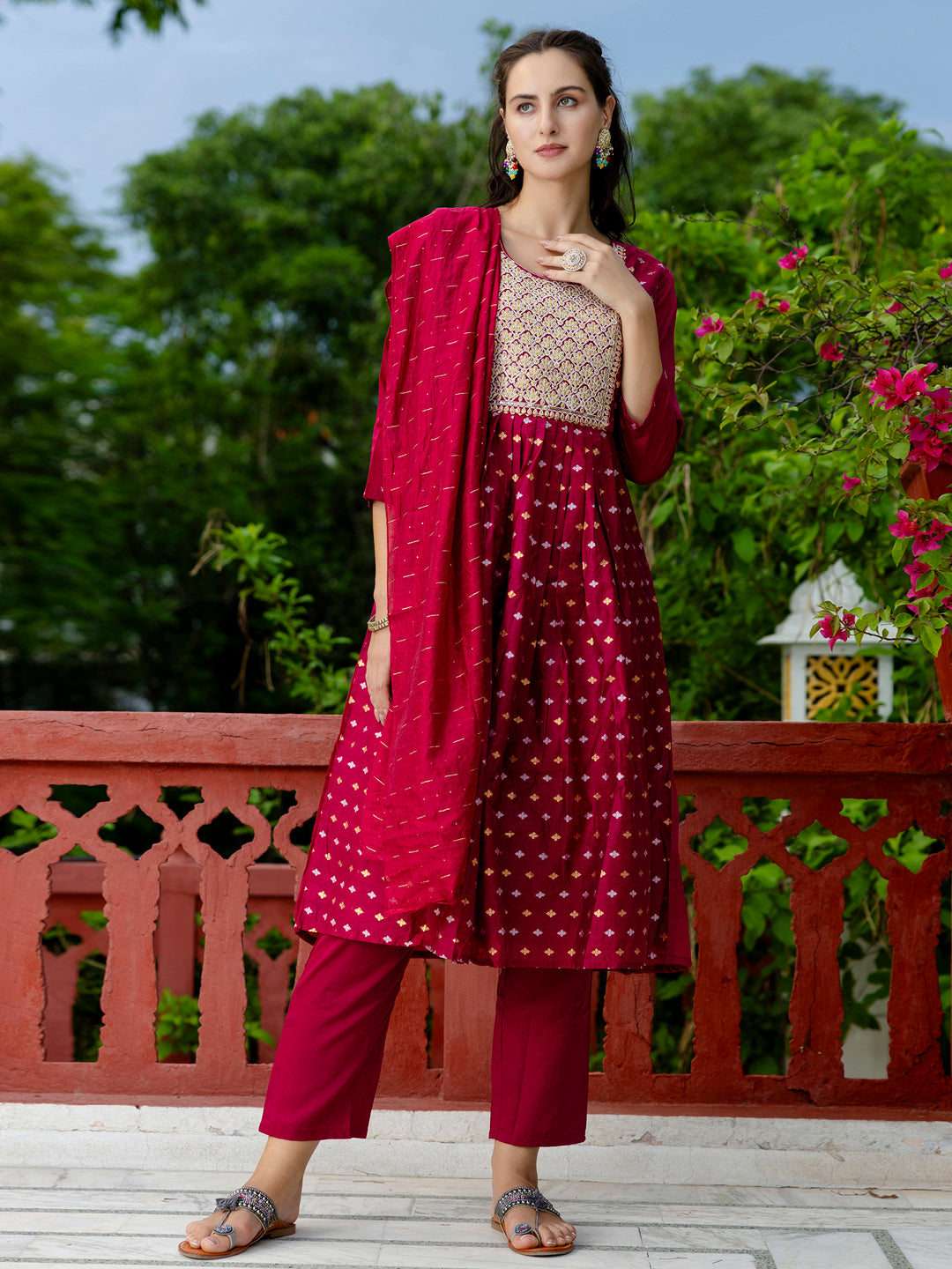 Kaveri Embroidered Chanderi Mehndi Suit Set with Dupatta Ethnic Sets - FitVibe Fashion