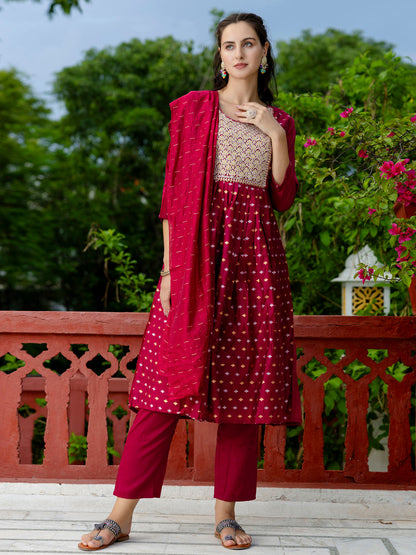 Kaveri Embroidered Chanderi Mehndi Suit Set with Dupatta Ethnic Sets - FitVibe Fashion