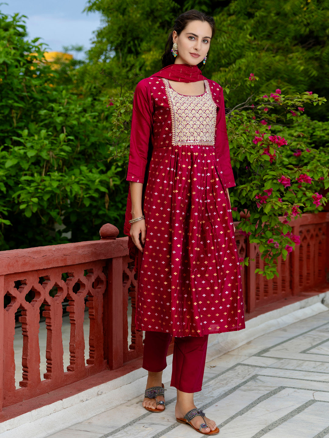 Kaveri Embroidered Chanderi Mehndi Suit Set with Dupatta Ethnic Sets - FitVibe Fashion