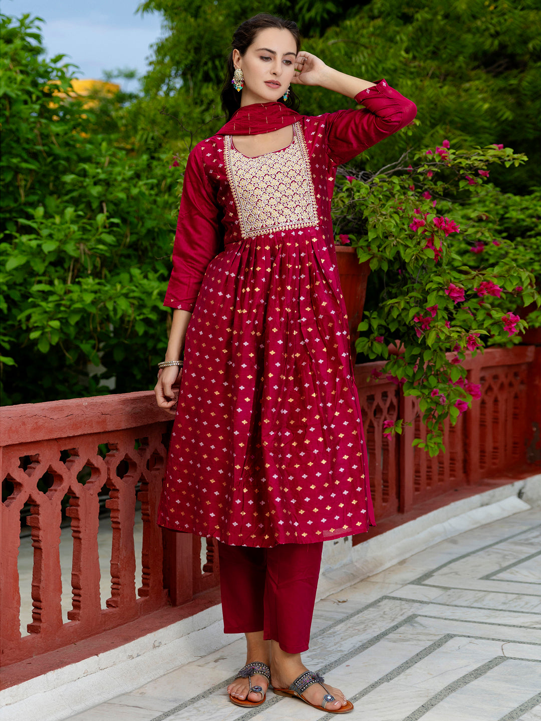 Kaveri Embroidered Chanderi Mehndi Suit Set with Dupatta Ethnic Sets - FitVibe Fashion