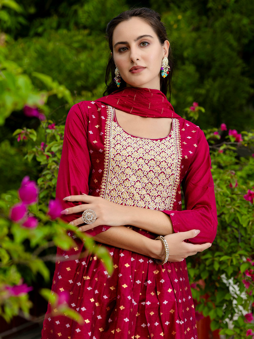 Kaveri Embroidered Chanderi Mehndi Suit Set with Dupatta Ethnic Sets - FitVibe Fashion