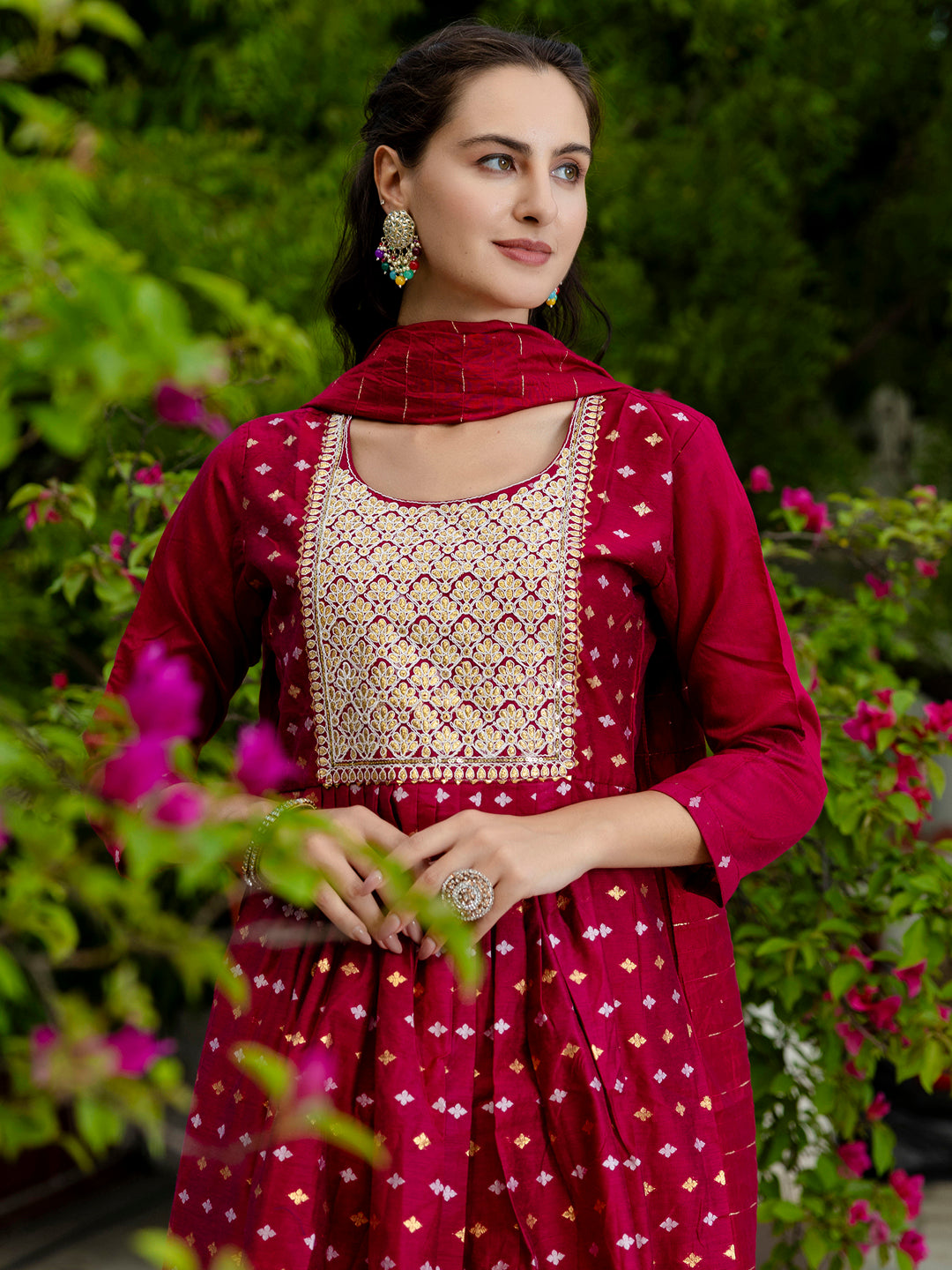 Kaveri Embroidered Chanderi Mehndi Suit Set with Dupatta Ethnic Sets - FitVibe Fashion