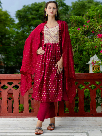 Kaveri Embroidered Chanderi Mehndi Suit Set with Dupatta Ethnic Sets - FitVibe Fashion