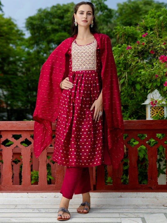 Kaveri Embroidered Chanderi Mehndi Suit Set with Dupatta Ethnic Sets - FitVibe Fashion