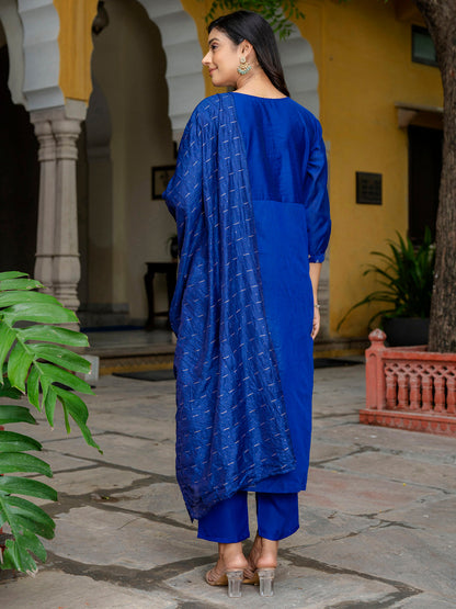 Kaveri Embroidered Chanderi Mehndi Suit Set with Dupatta Ethnic Sets - FitVibe Fashion