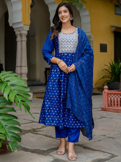 Kaveri Embroidered Chanderi Mehndi Suit Set with Dupatta Ethnic Sets - FitVibe Fashion