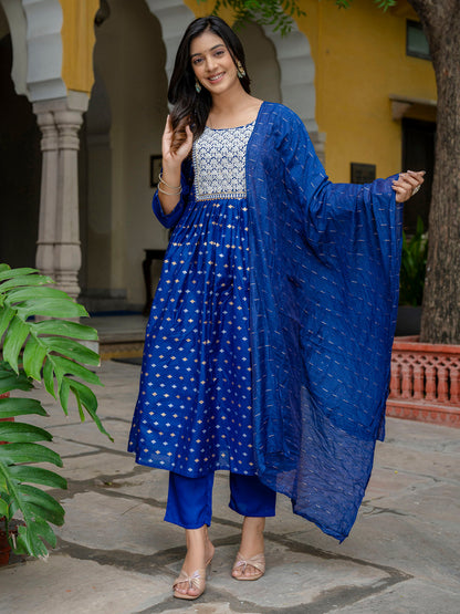 Kaveri Embroidered Chanderi Mehndi Suit Set with Dupatta Ethnic Sets - FitVibe Fashion