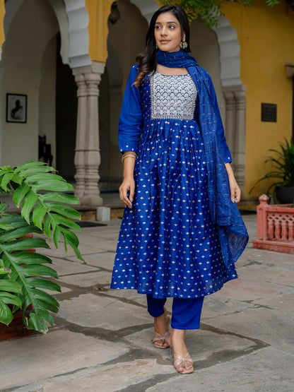 Kaveri Embroidered Chanderi Mehndi Suit Set with Dupatta Ethnic Sets - FitVibe Fashion