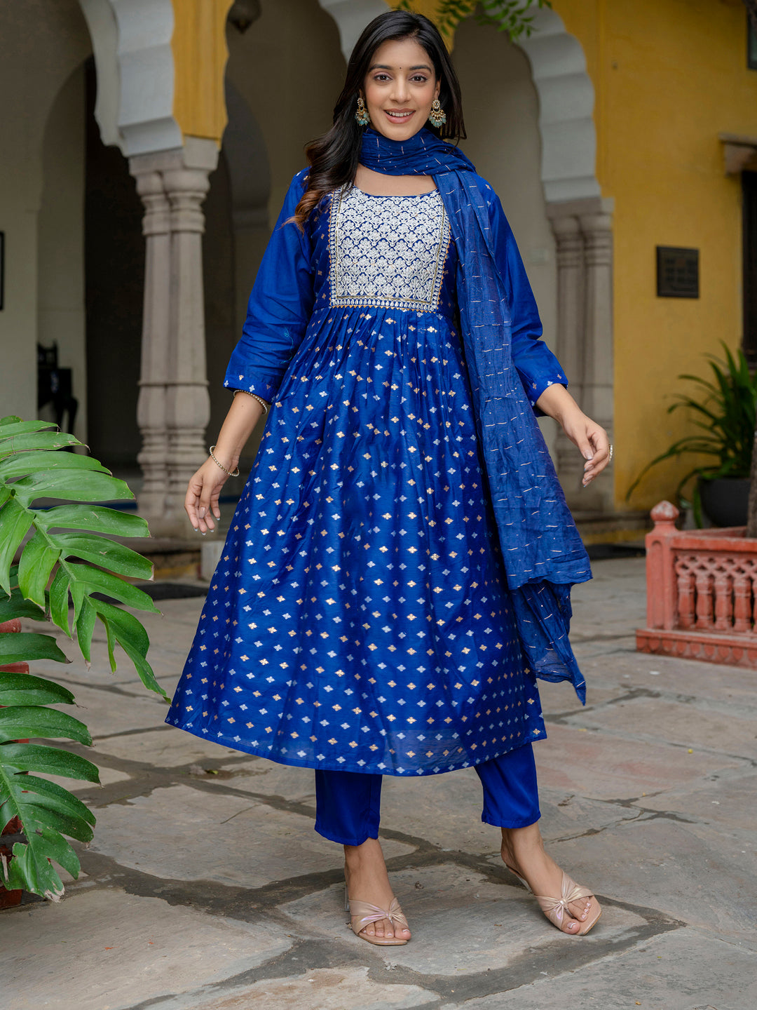 Kaveri Embroidered Chanderi Mehndi Suit Set with Dupatta Ethnic Sets - FitVibe Fashion