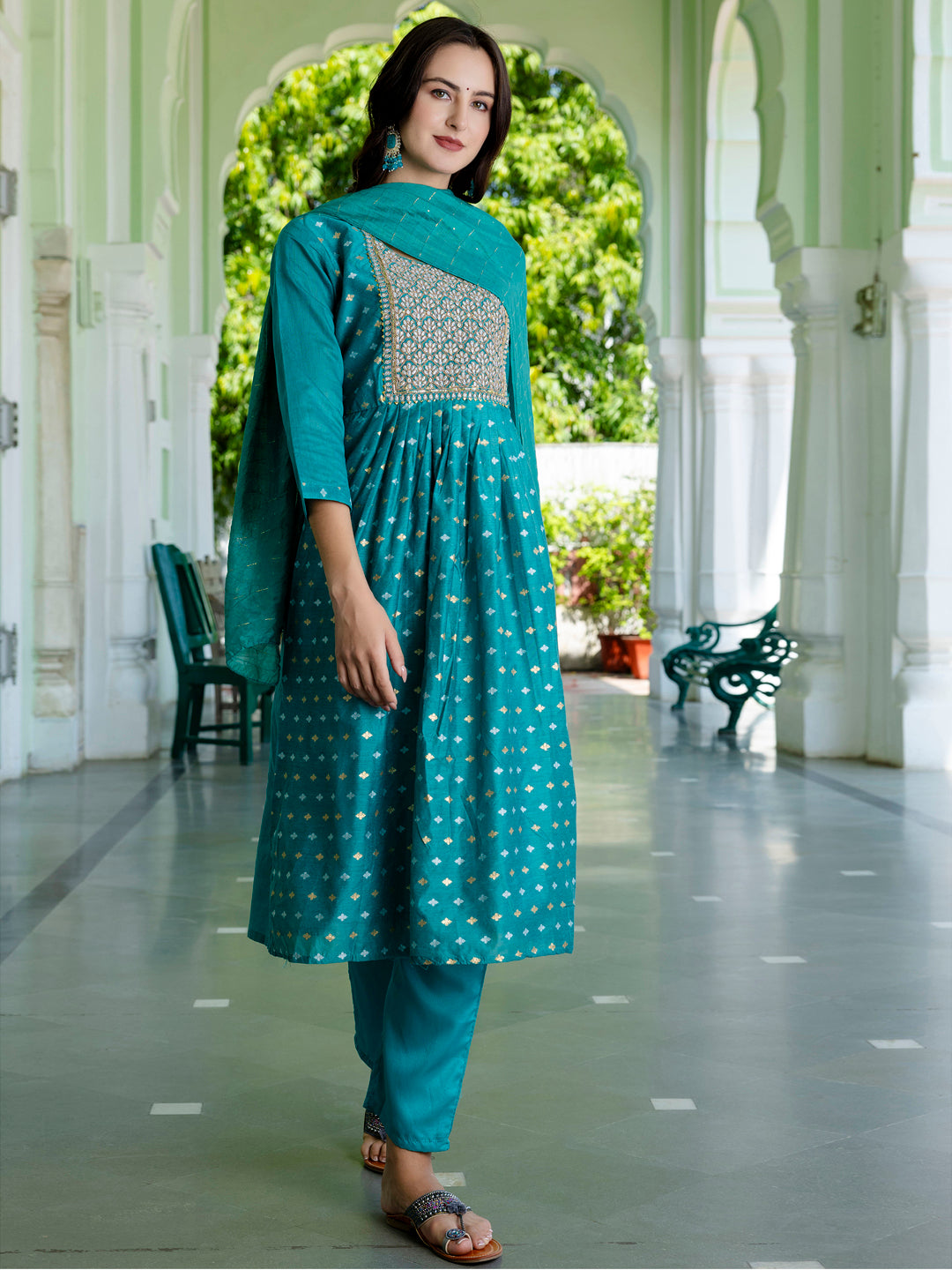 Kaveri Embroidered Chanderi Mehndi Suit Set with Dupatta Ethnic Sets - FitVibe Fashion