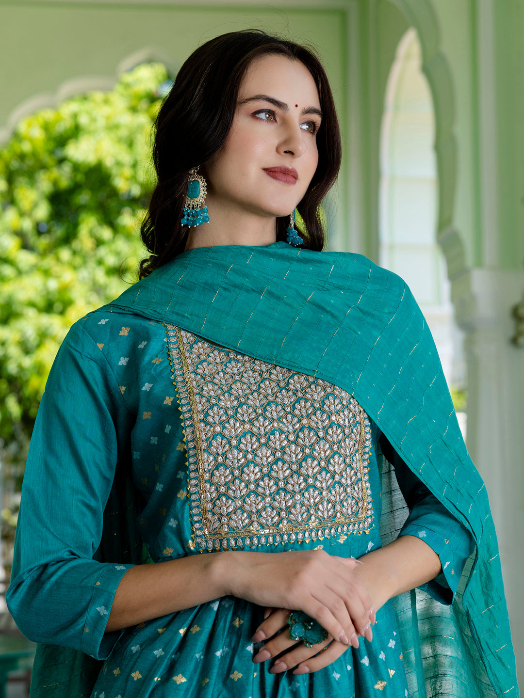 Kaveri Embroidered Chanderi Mehndi Suit Set with Dupatta Ethnic Sets - FitVibe Fashion