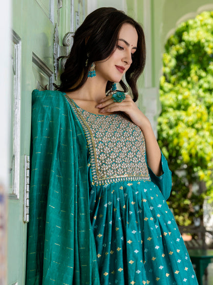 Kaveri Embroidered Chanderi Mehndi Suit Set with Dupatta Ethnic Sets - FitVibe Fashion