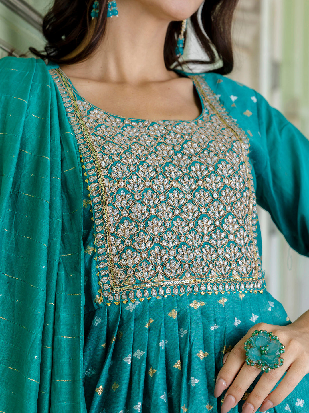 Kaveri Embroidered Chanderi Mehndi Suit Set with Dupatta Ethnic Sets - FitVibe Fashion