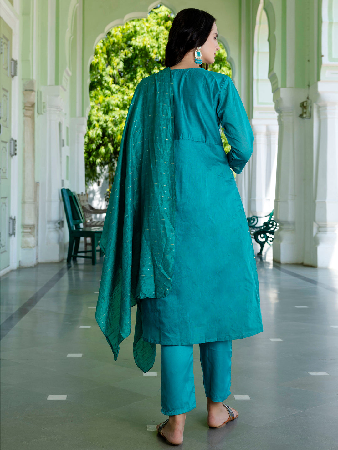 Kaveri Embroidered Chanderi Mehndi Suit Set with Dupatta Ethnic Sets - FitVibe Fashion