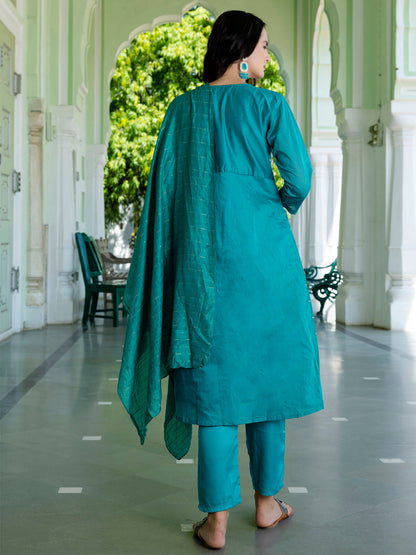 Kaveri Embroidered Chanderi Mehndi Suit Set with Dupatta Ethnic Sets - FitVibe Fashion