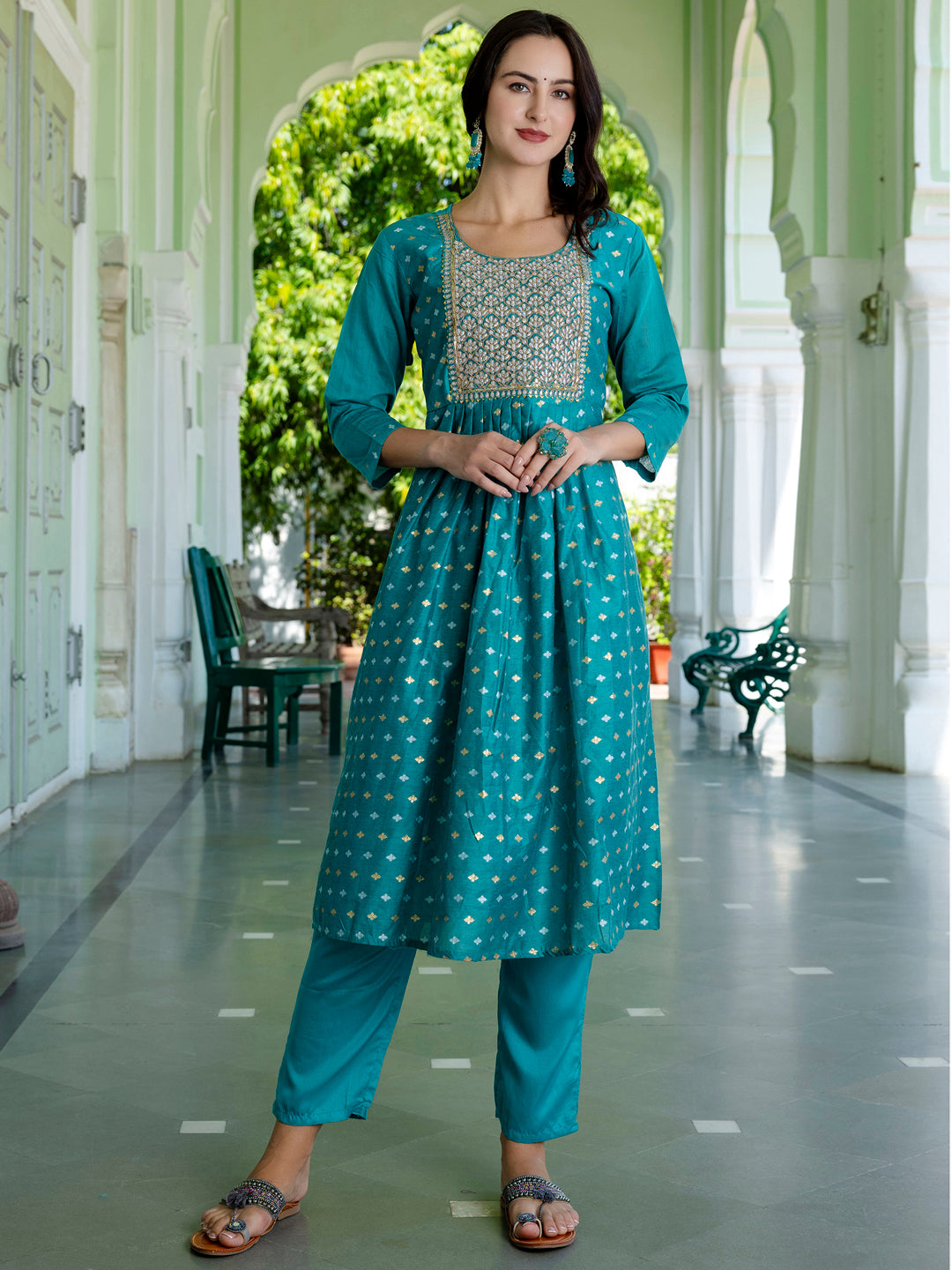 Kaveri Embroidered Chanderi Mehndi Suit Set with Dupatta Ethnic Sets - FitVibe Fashion